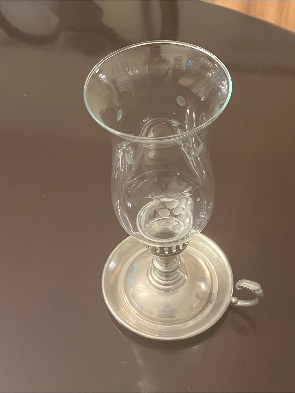Etched Glass Hurricane Candle Holder with pewter base